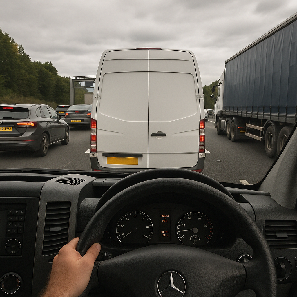 a courier stuck in traffic on a british motorway