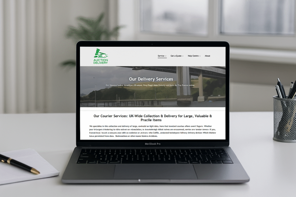 an open laptop on a desk with a courier company website on screen