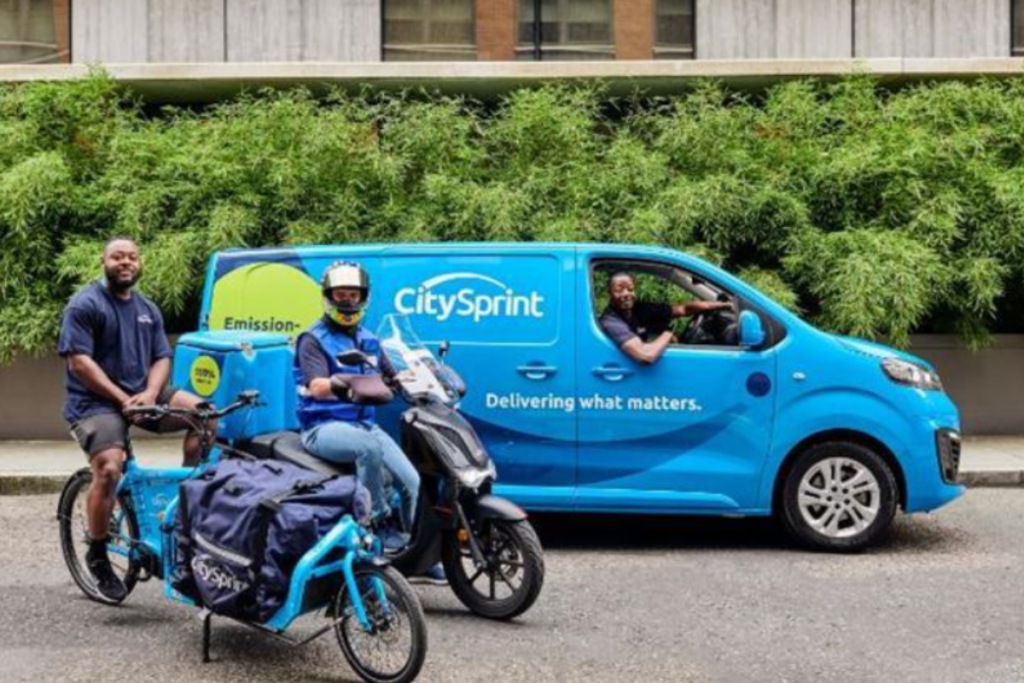 a Blue CitySprint van, moped and cargo e-bike