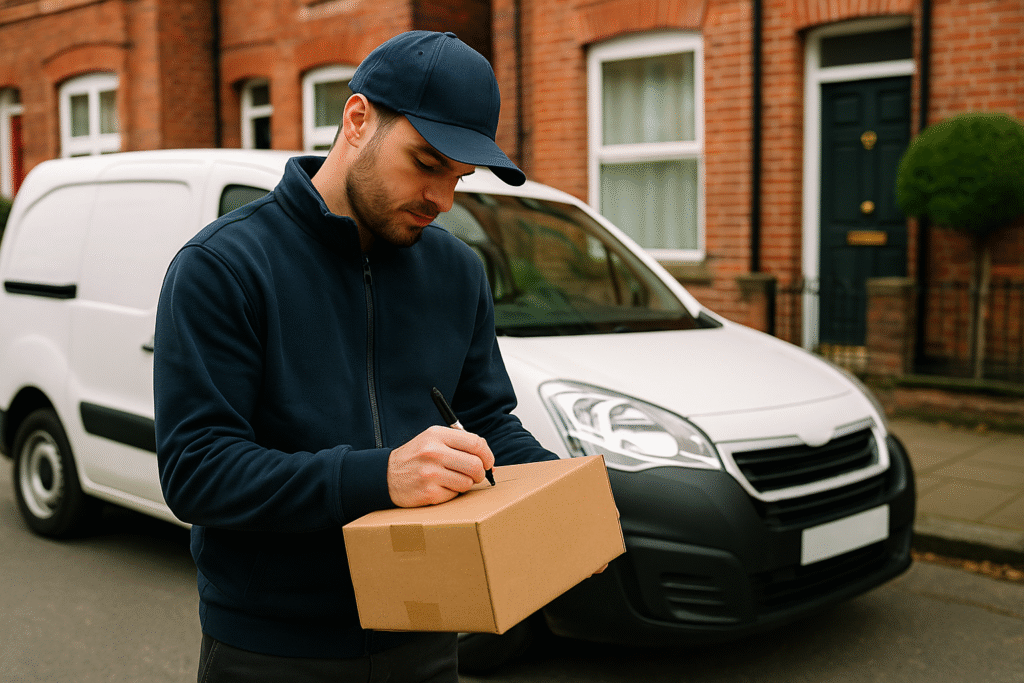 a delivery driver writing on a parcel