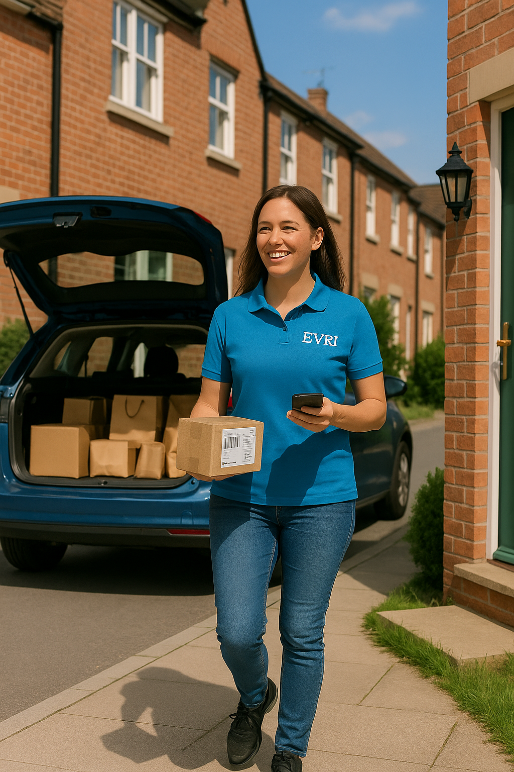 a female evri driver walking away from her car with a parcel - evri delivery jobs near me