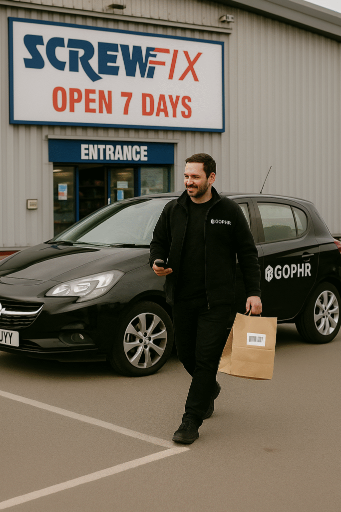 a gophr driver collecting a package from scewfix - gophr jobs near me