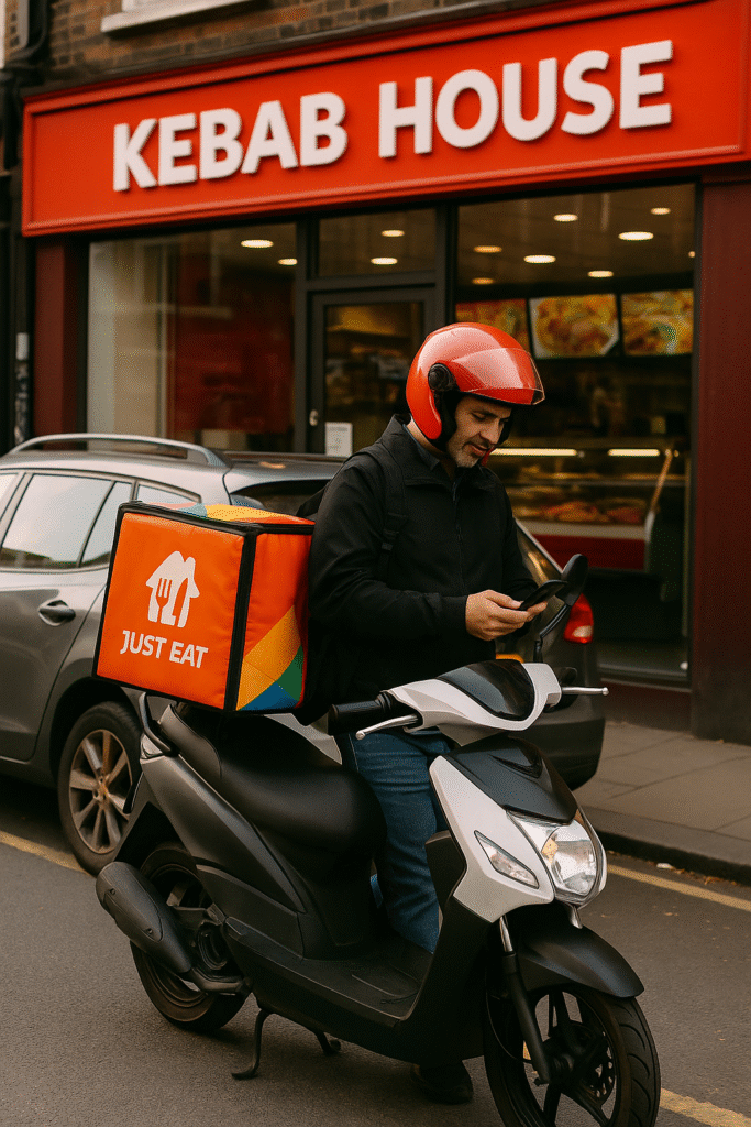 a just eat rider on a moped outside a kebab house - just eat delivery jobs near me