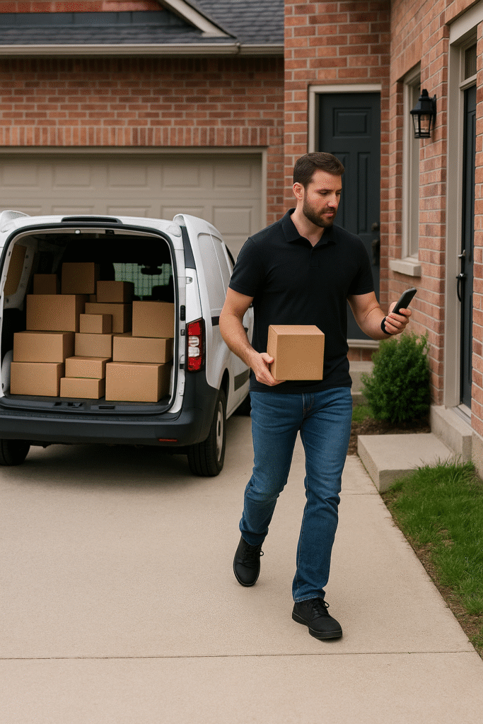 Man delivering parcels from van outside suburban home – delivery jobs UK