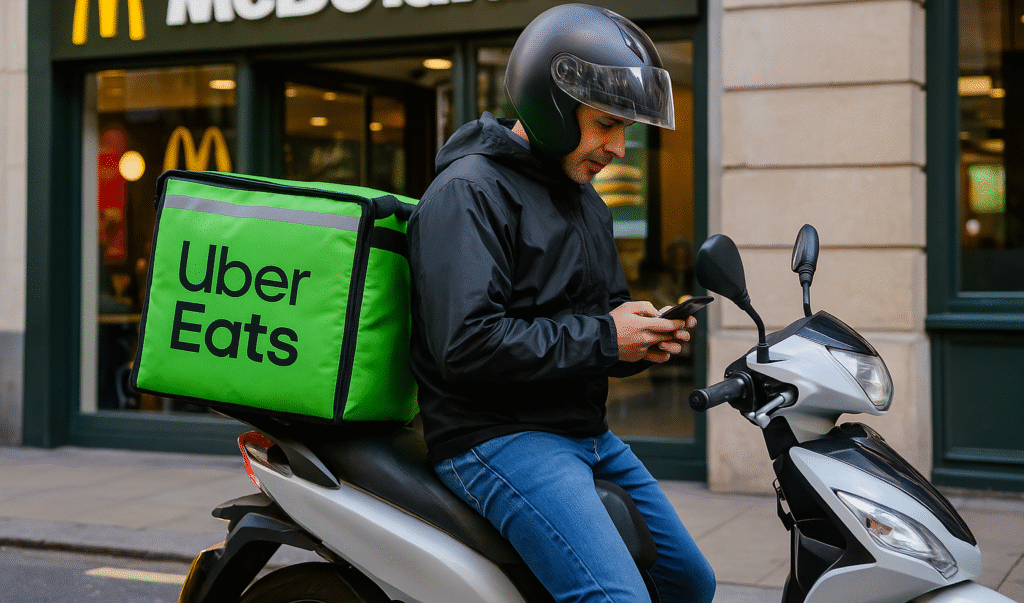 an uber eats delivery rider sat outside of mcdonalds - uber eats jobs near me