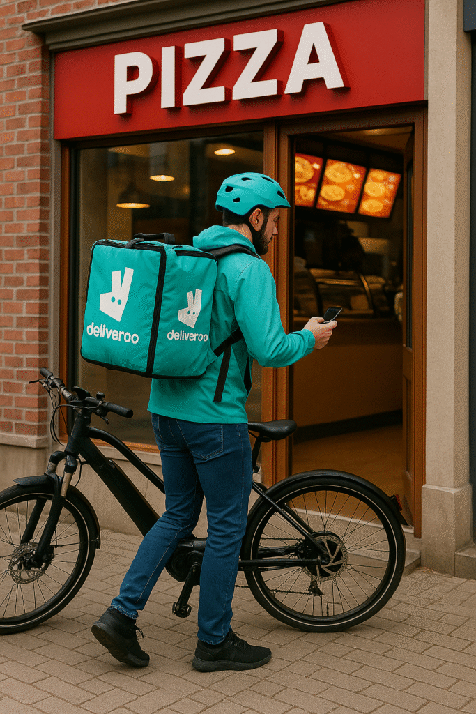 a deliveroo rider entering a pizza takeaway - deliveroo jobs near me