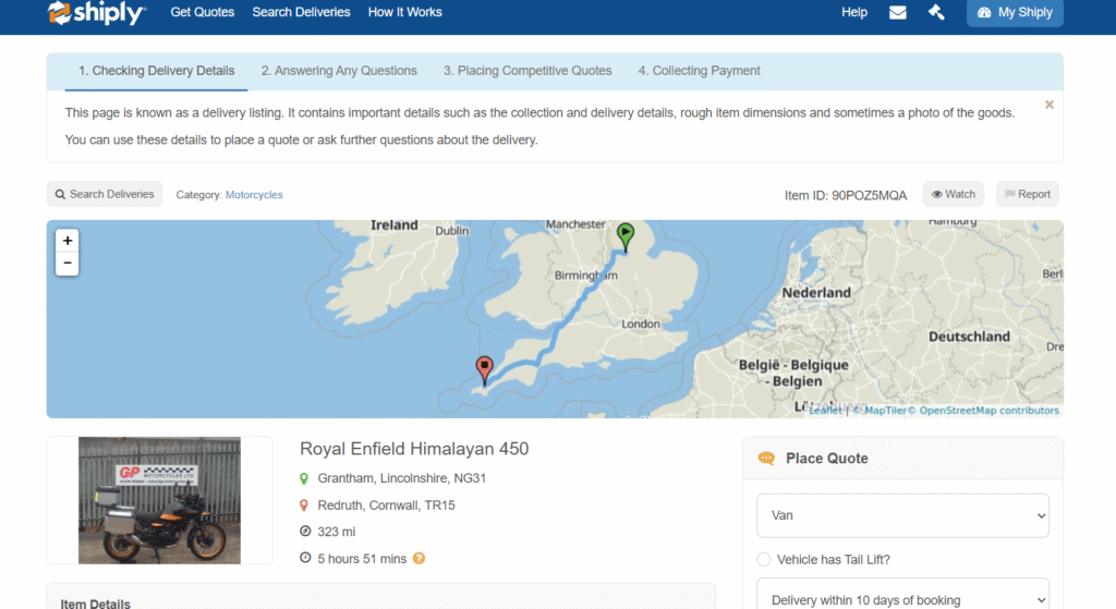 a screenshot taken from a job listing on shiply
