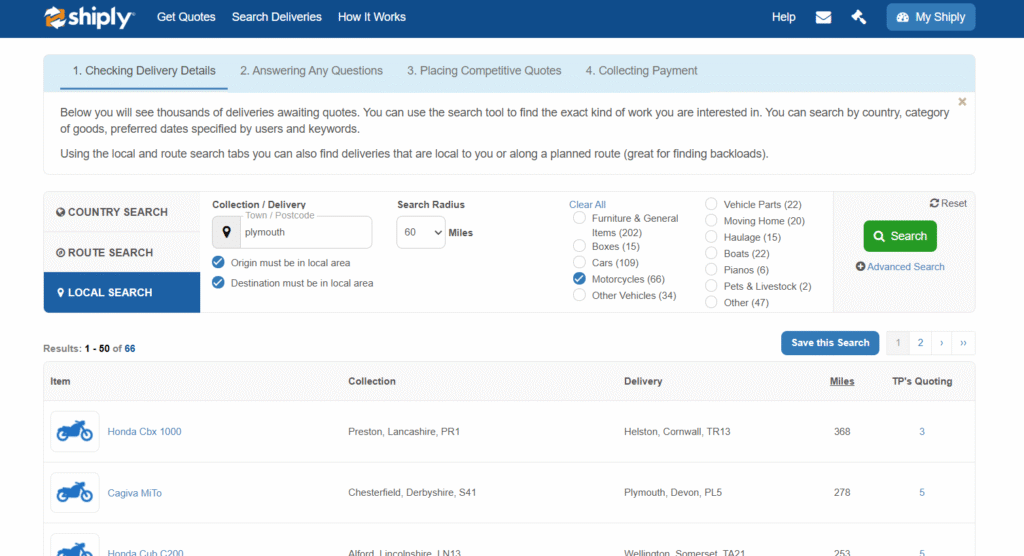 shiply search deliveries screenshot - search motorcycle deliveries on shiply