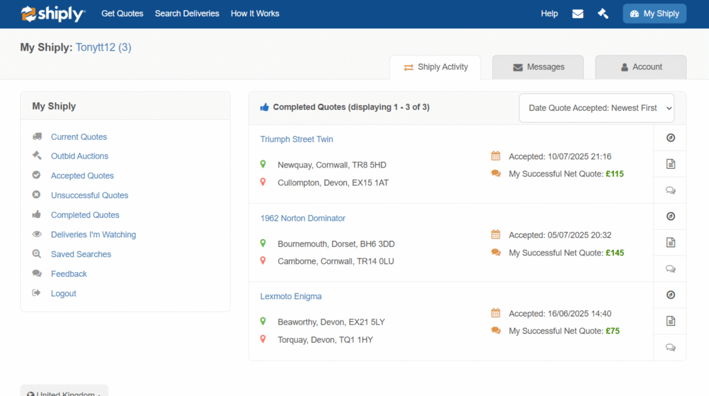 a screenshot of my completed jobs on shiply