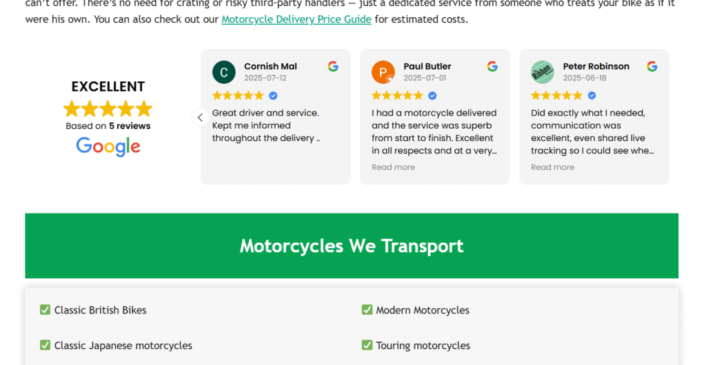 a screenshot of google reviews I received from shiply jobs posted on my auction delivery website