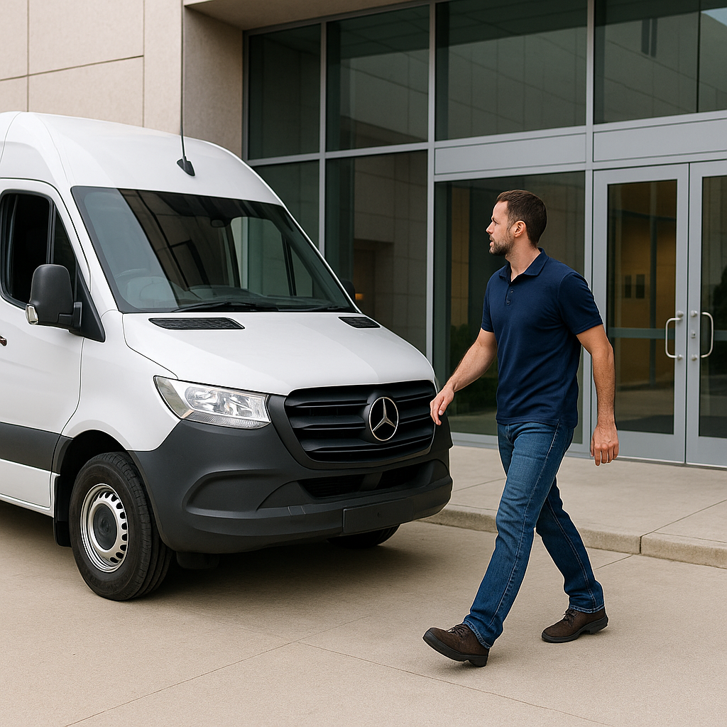 a courier leaving an office and heading to his van - courier consultancy