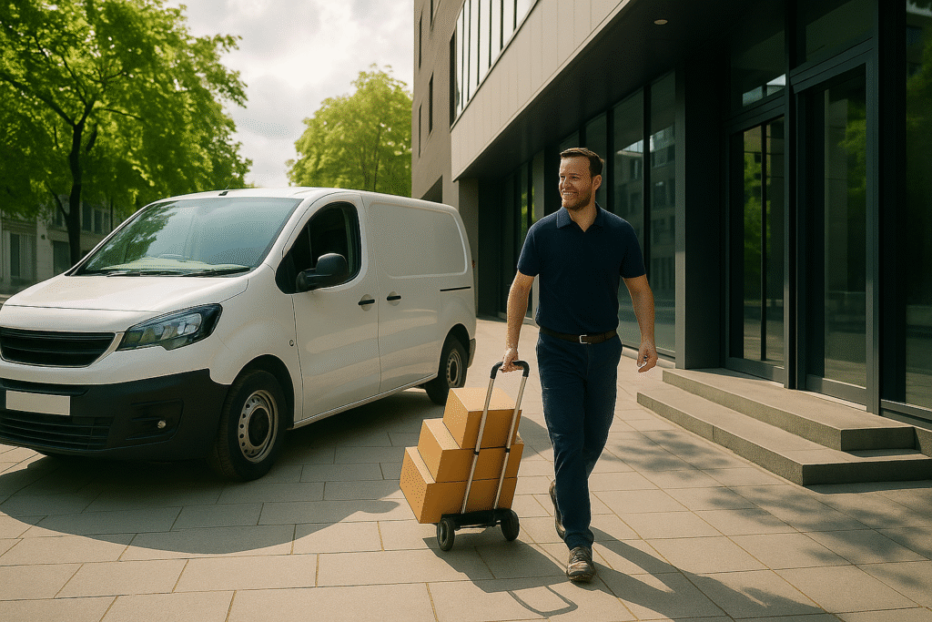 a courier moving boxes with a sack truck - delivery hustle