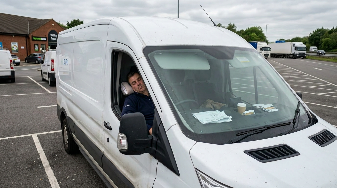 A courier driver having a power nap in his van at the services
