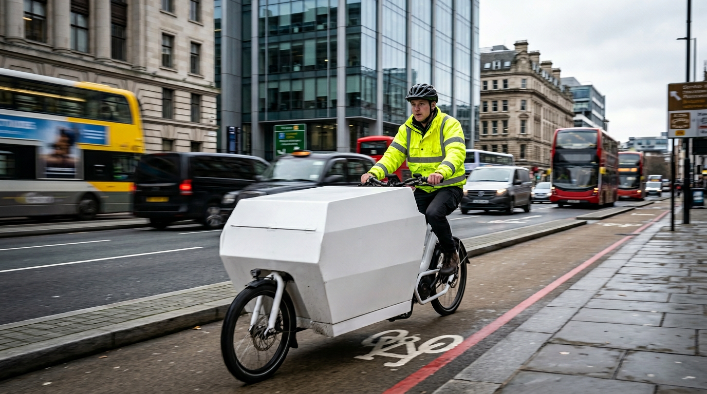 Cargo e-bike riding through a city cycle lane