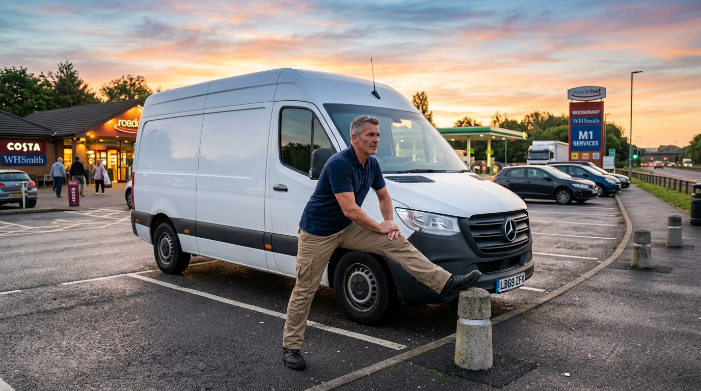 A courier stretching beside his van at motorway services in the morning