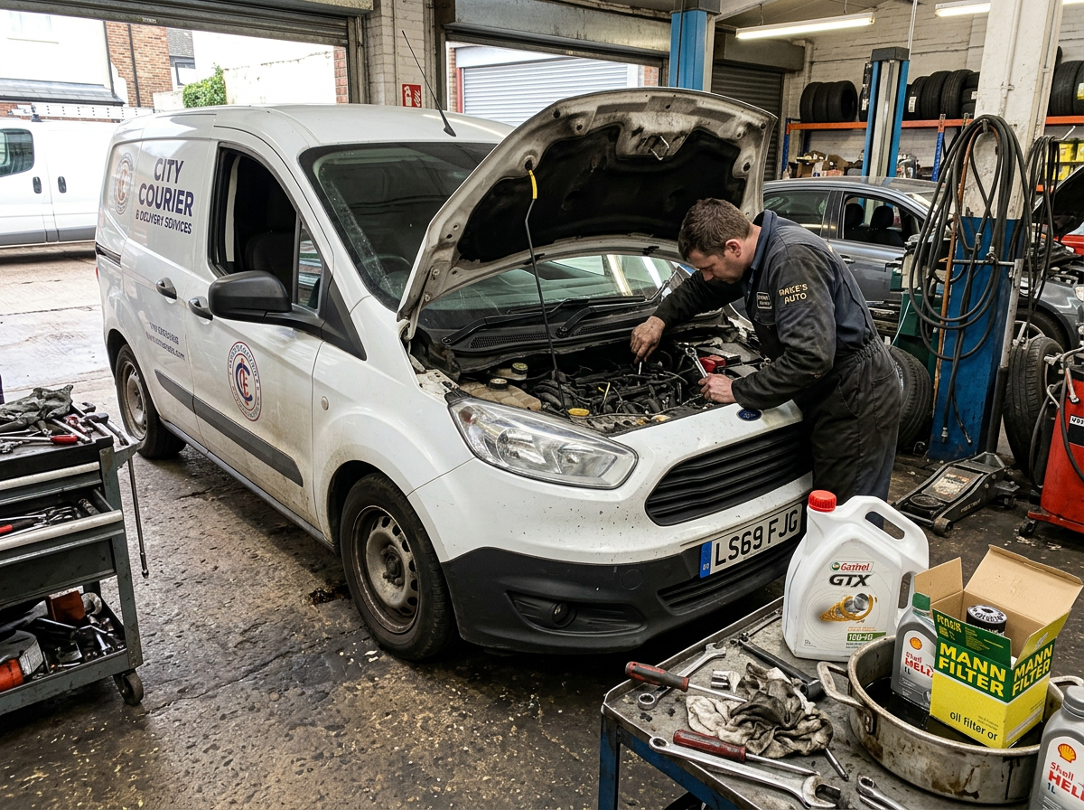 A courier van being serviced at a garage