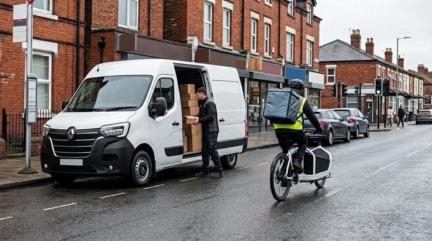 Courier van and cargo e-bike operating in the same urban environment