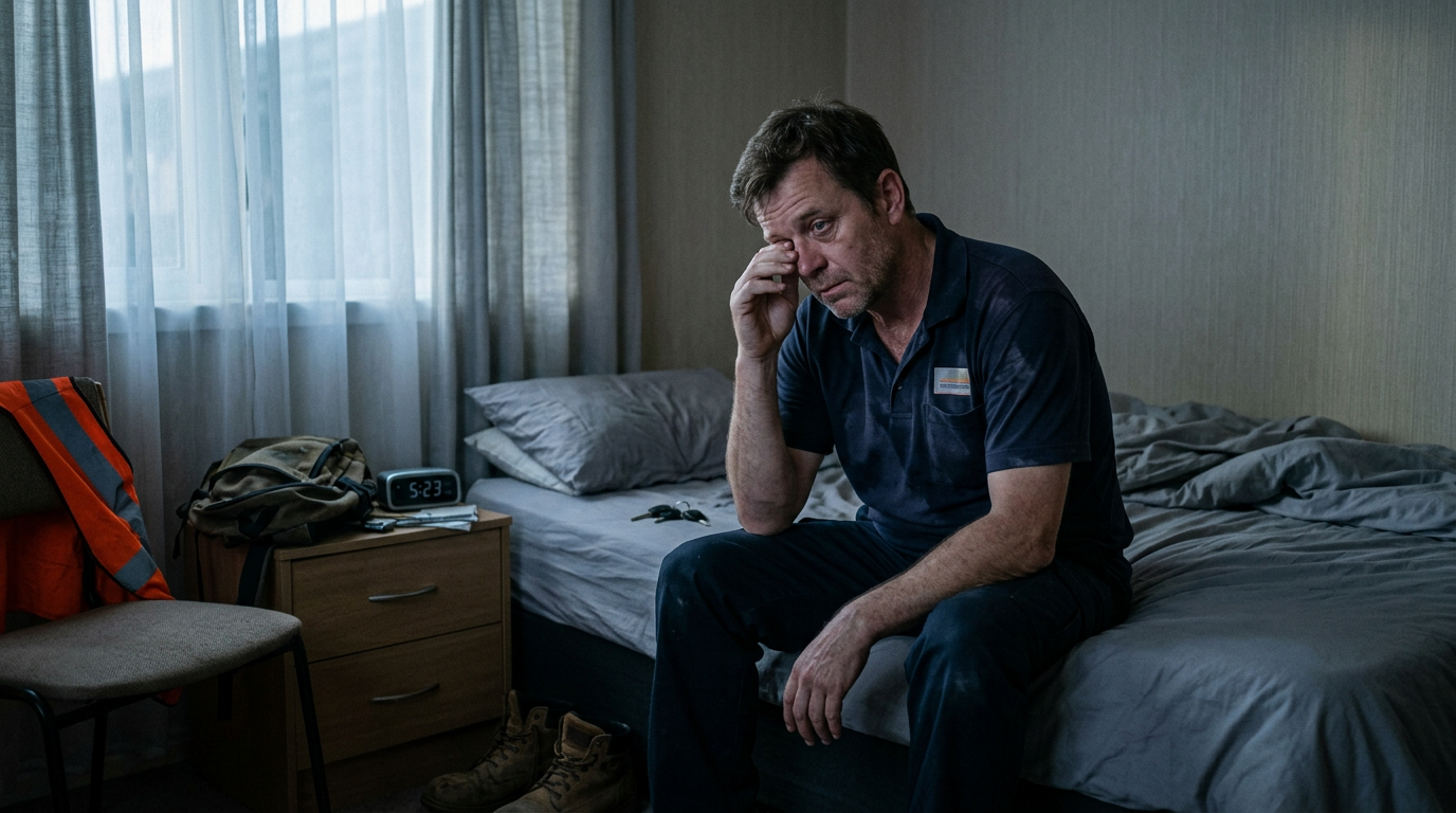 A courier waking up feeling rough after a poor night's sleep