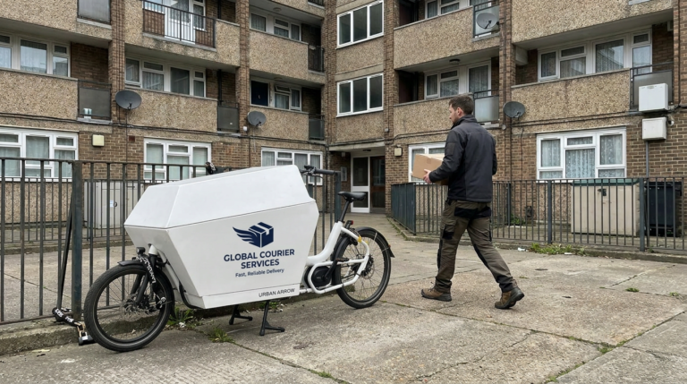 a courier doing multi-drop parcel delivery on an e-bike