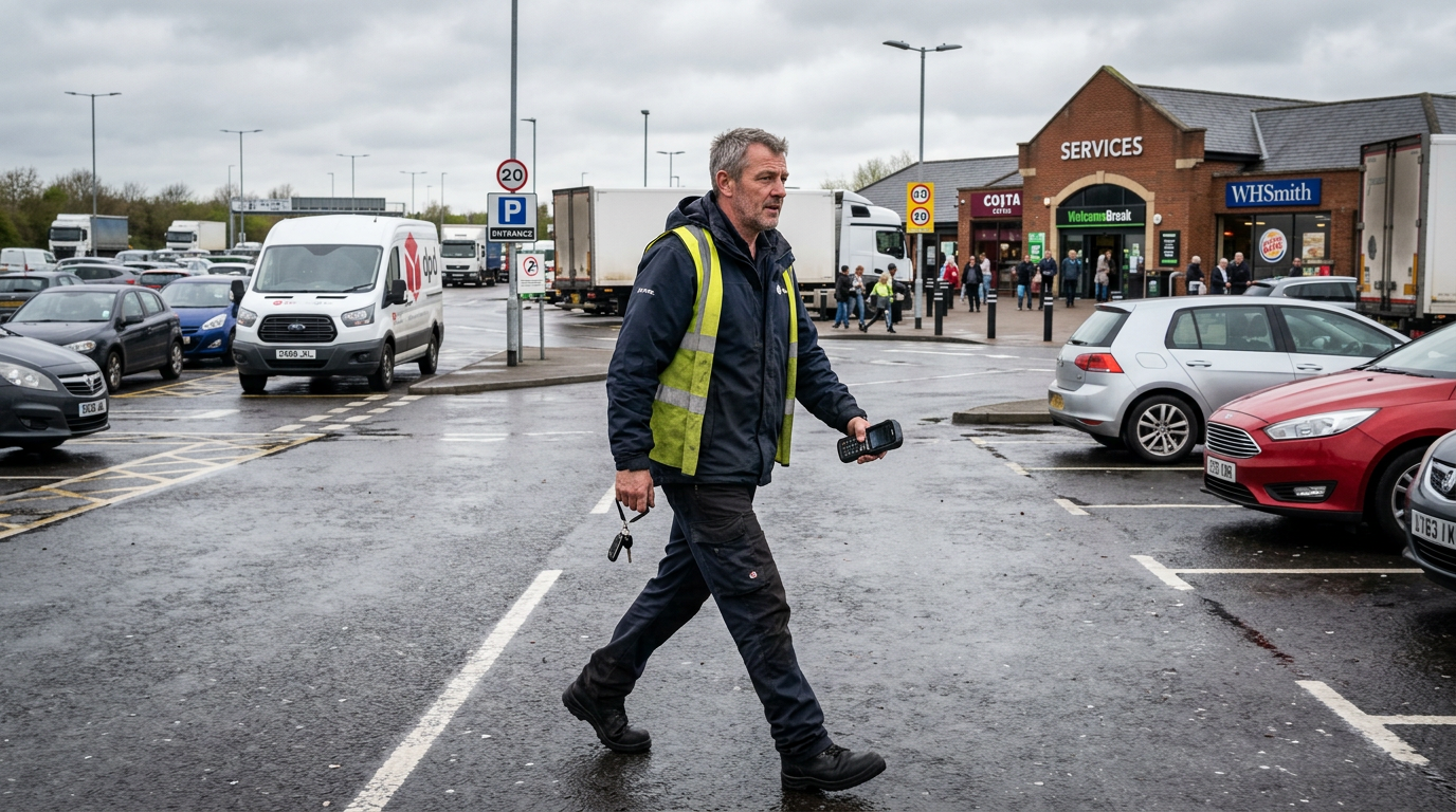 A courier walking to the services after parking up