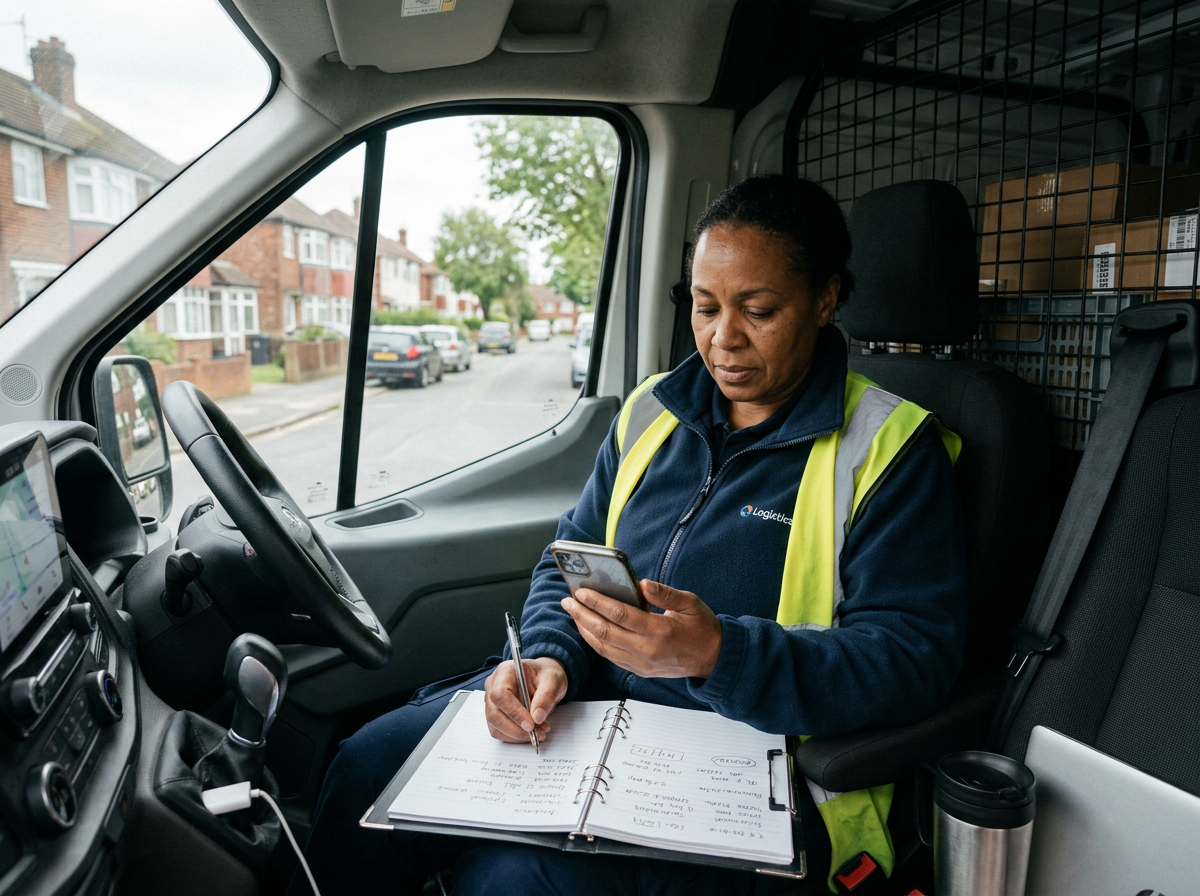 A courier sat in her van organising jobs for the day
