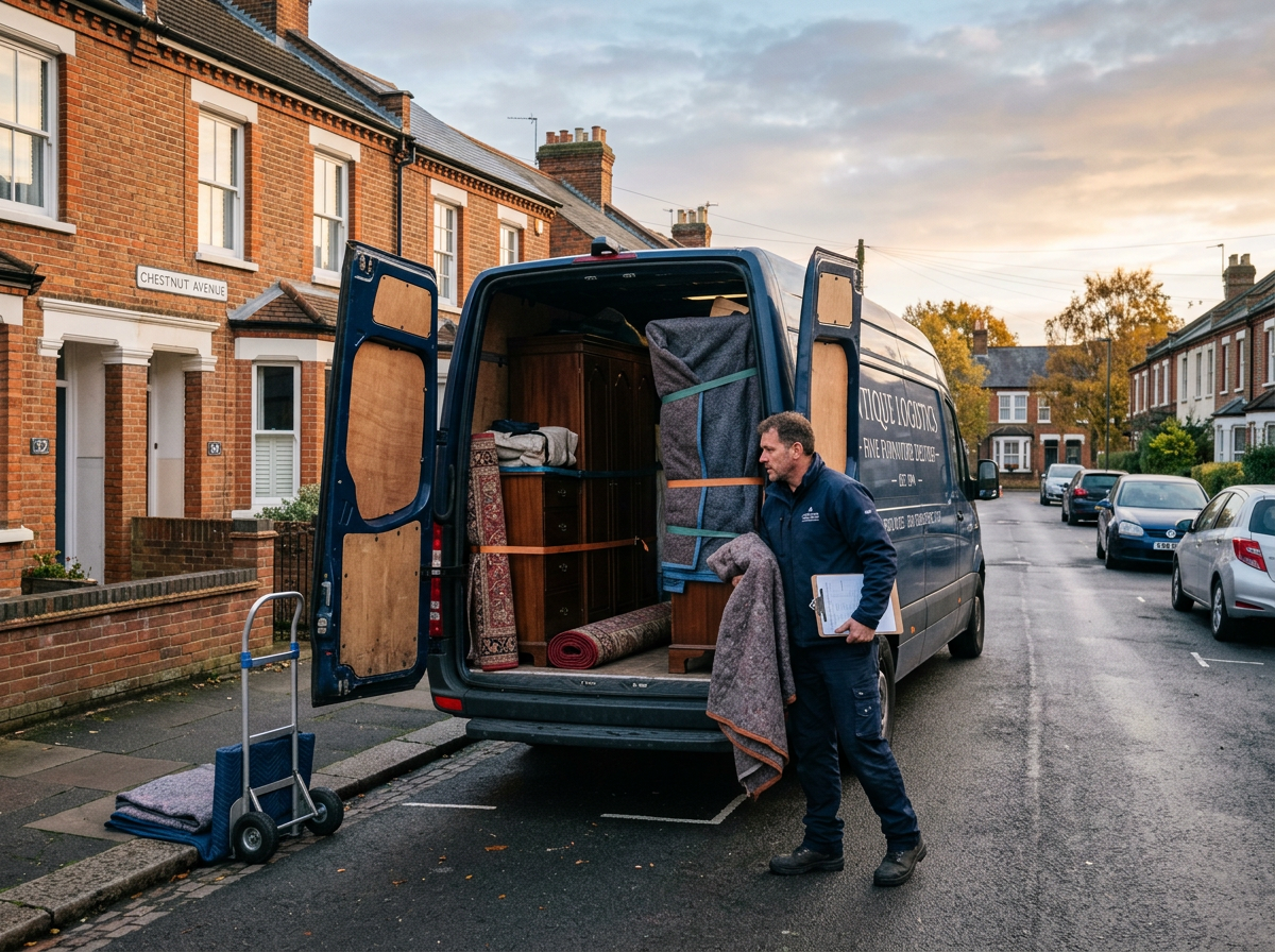 A furniture courier standing behind the open rear doors of his van ready for deliveries