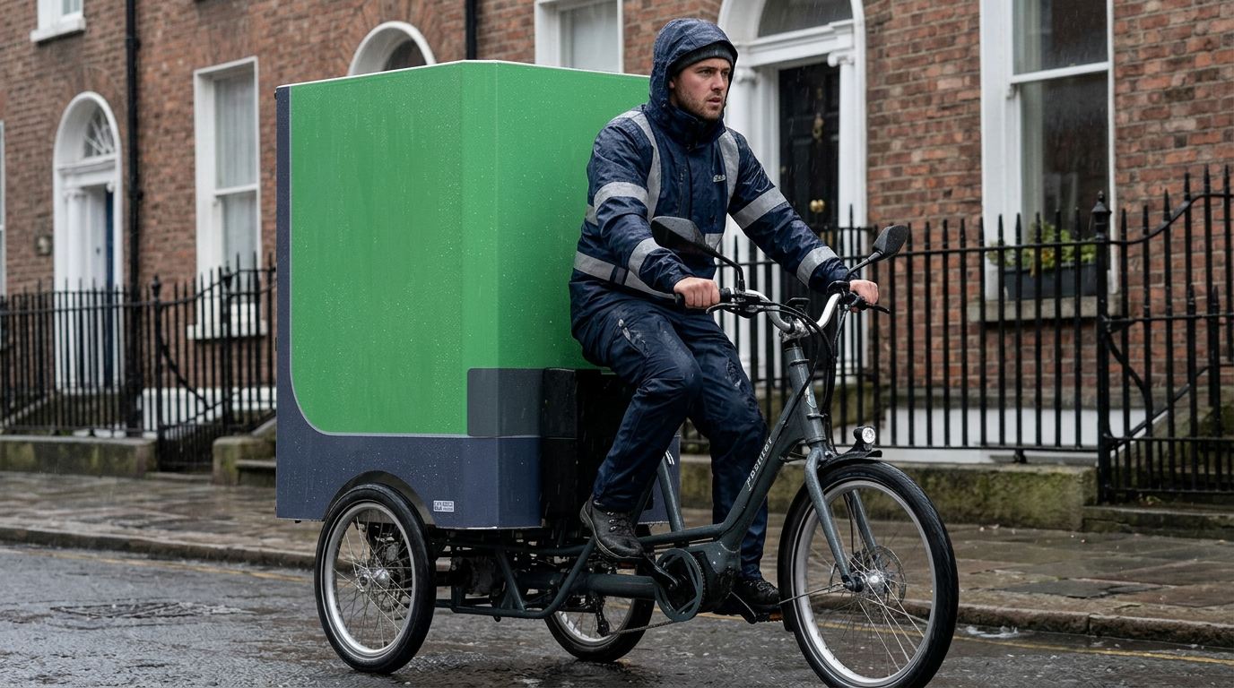 Courier riding a cargo e-trike carrying parcels
