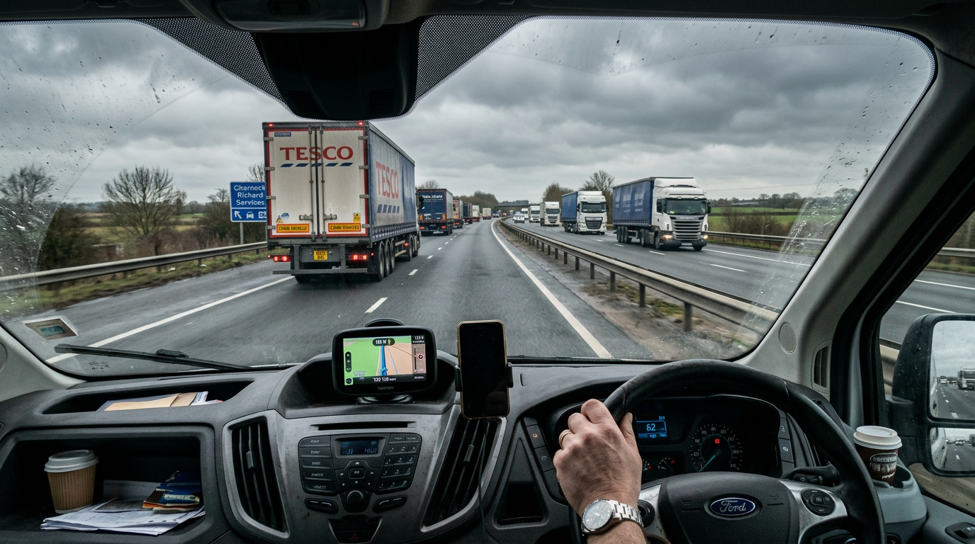 A courier driver's view down a long dual carriageway