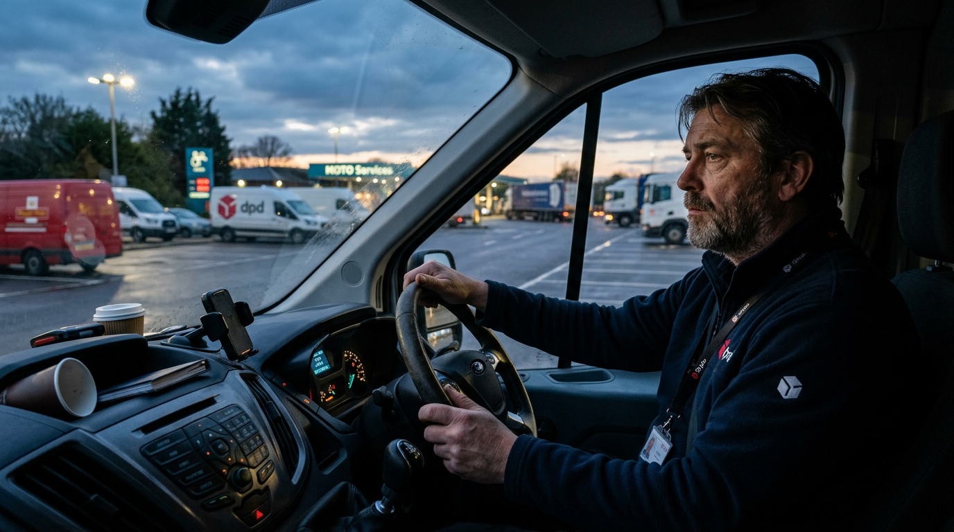 A tired looking courier driver sitting in his van