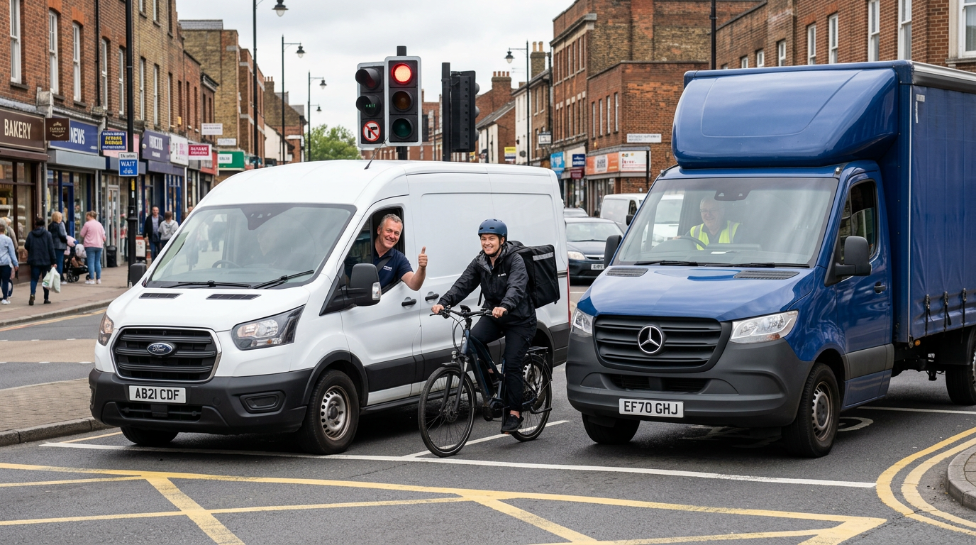 A white van, food delivery rider, and curtainside van stopped at traffic lights - delivery hustle