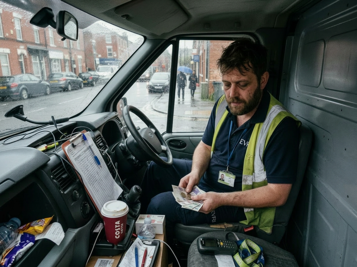A worried courier looking at his phone while sitting in his van