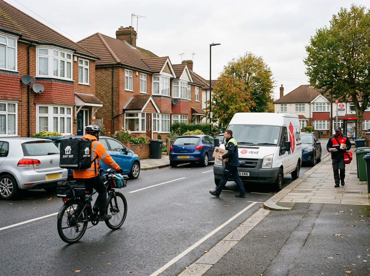 Different types of delivery drivers and e-bike riders working in an urban UK setting