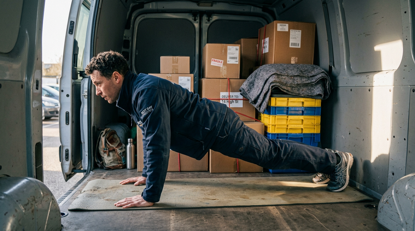 Courier driver exercising in the back of a van