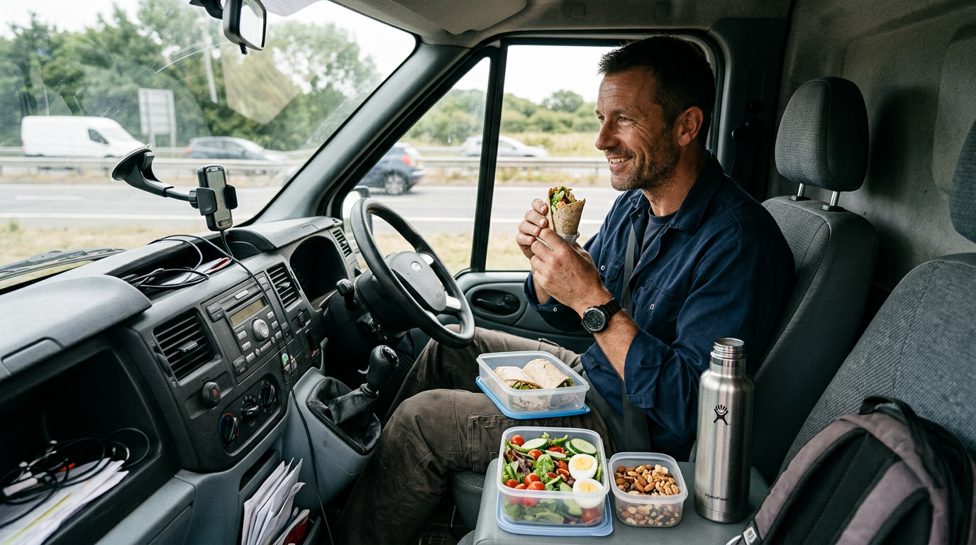 Courier driver eating a healthy lunch inside a van