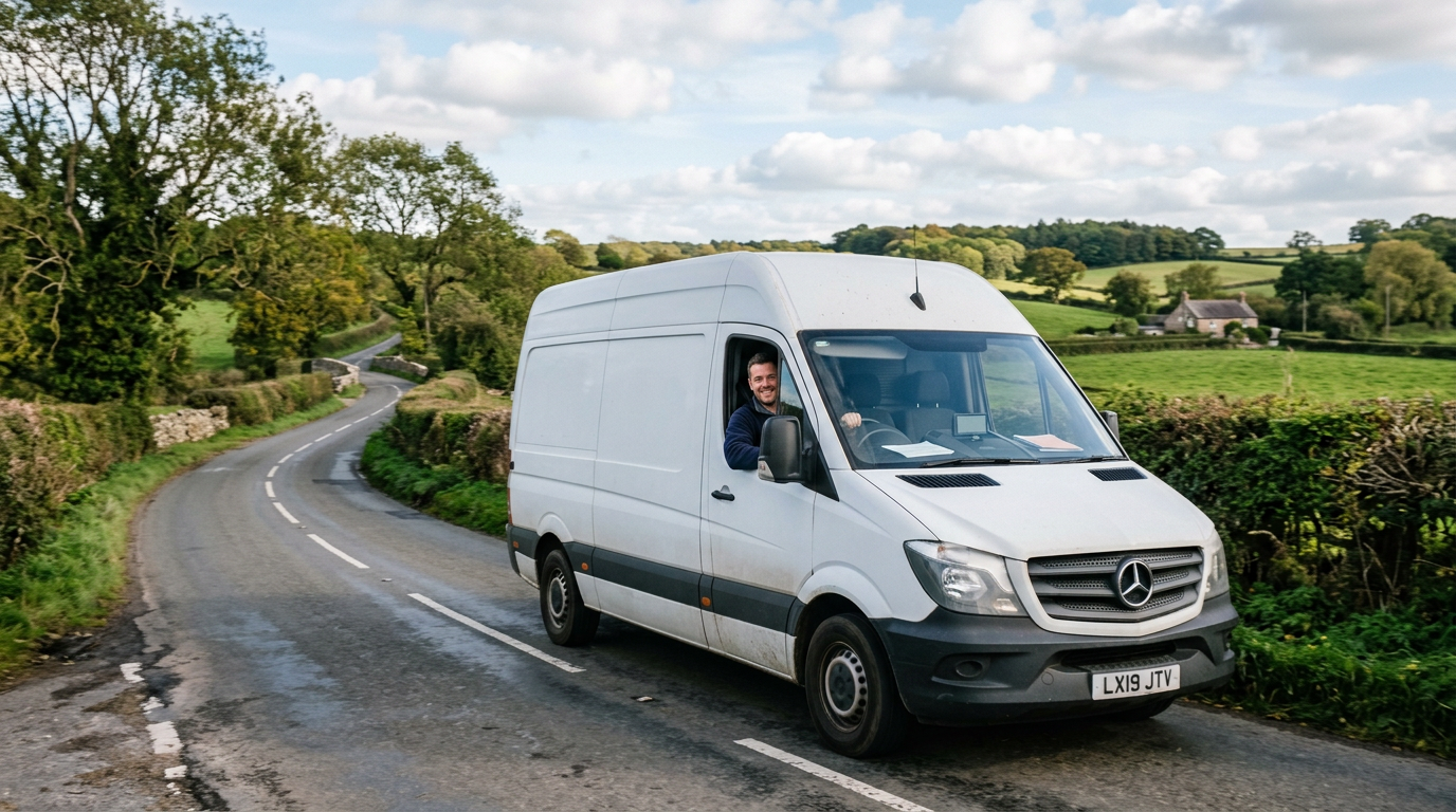 a courier smiling and driving a mercedes sprinter van on a british country road - how to make money as a delivery driver
