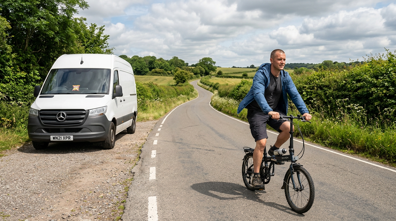 Courier driver riding a bicycle during a break