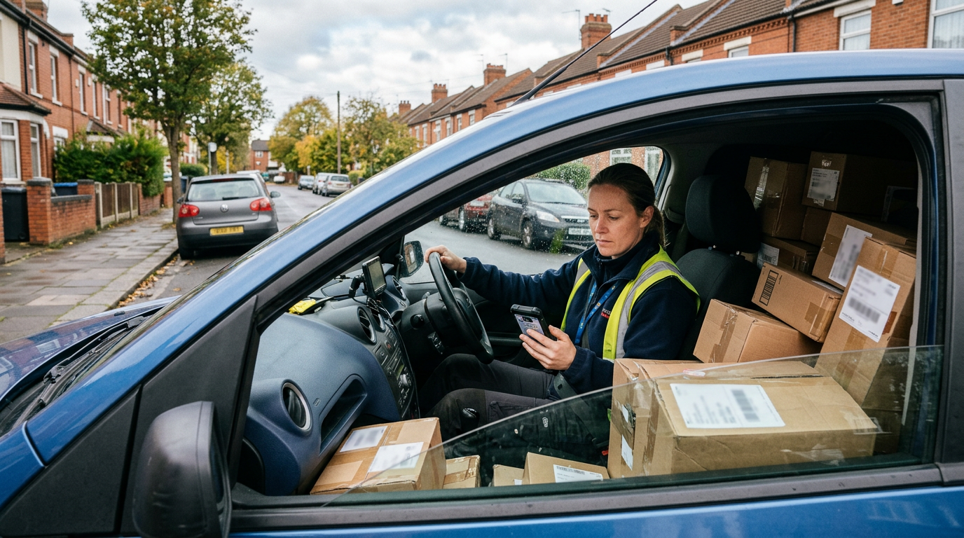 Courier driver in a small van or car with parcels visible