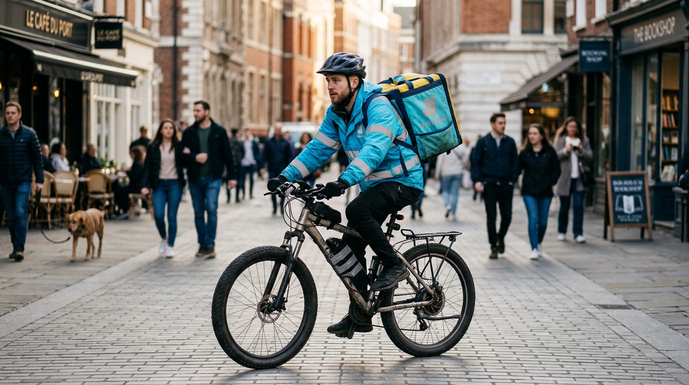 A delivery rider riding an e-bike in a pedestrianised area