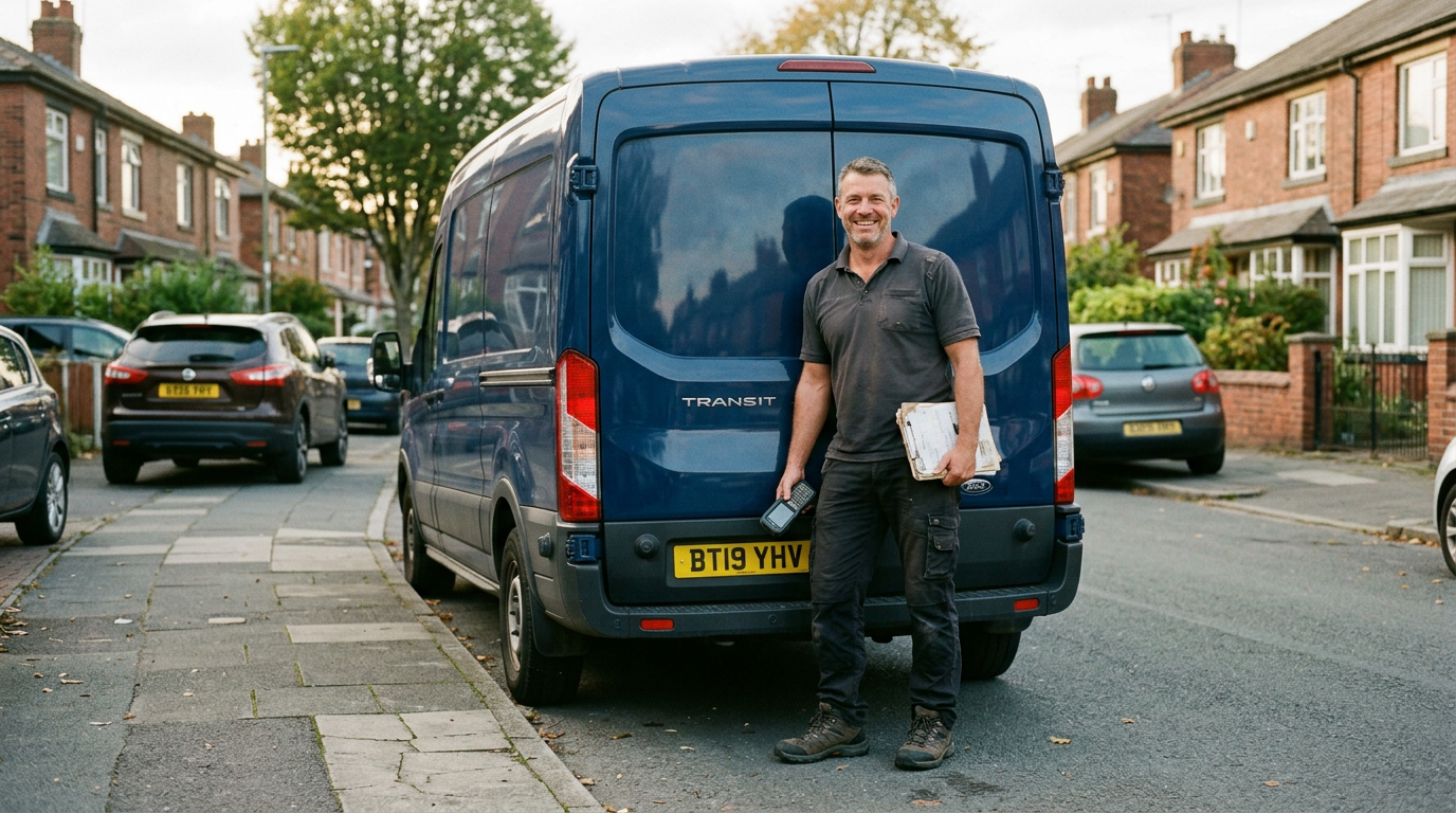 Fit and healthy courier standing beside a van