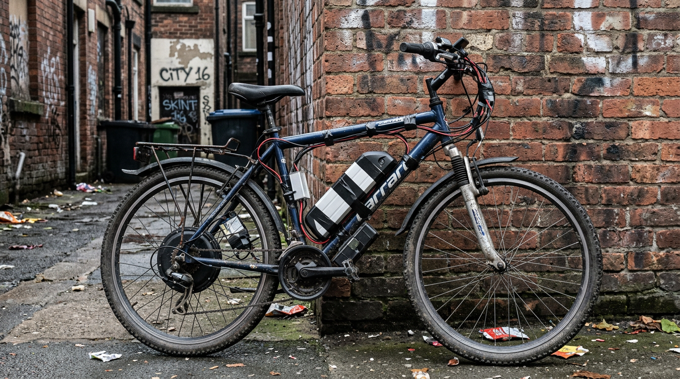 A DIY illegal e-bike parked in an alleyway