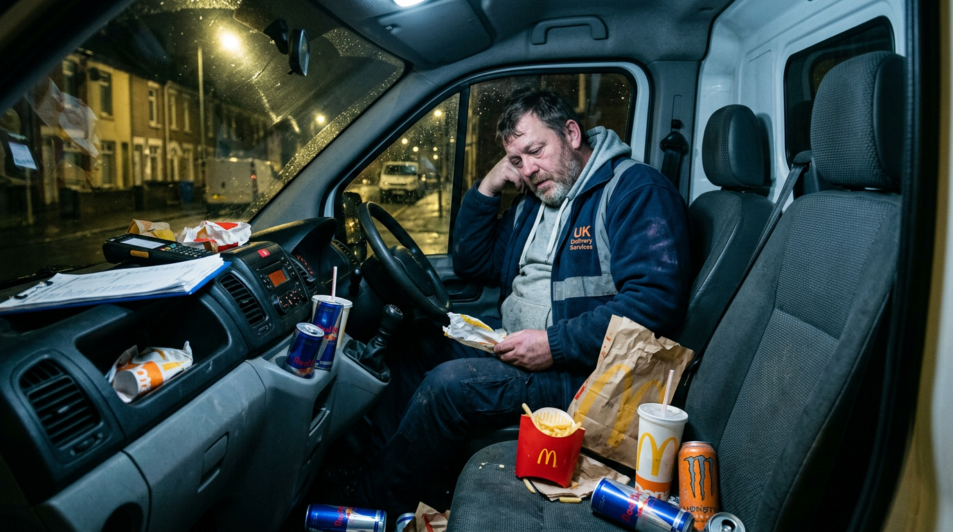 Unhealthy courier driver surrounded by fast food and energy drinks
