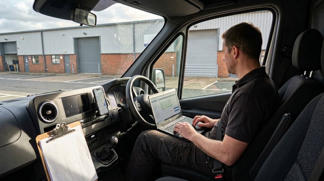 Courier driver organising delivery work on a laptop inside a van
