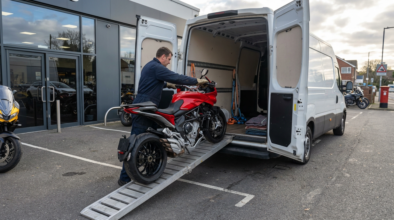 Courier loading a motorcycle into a van