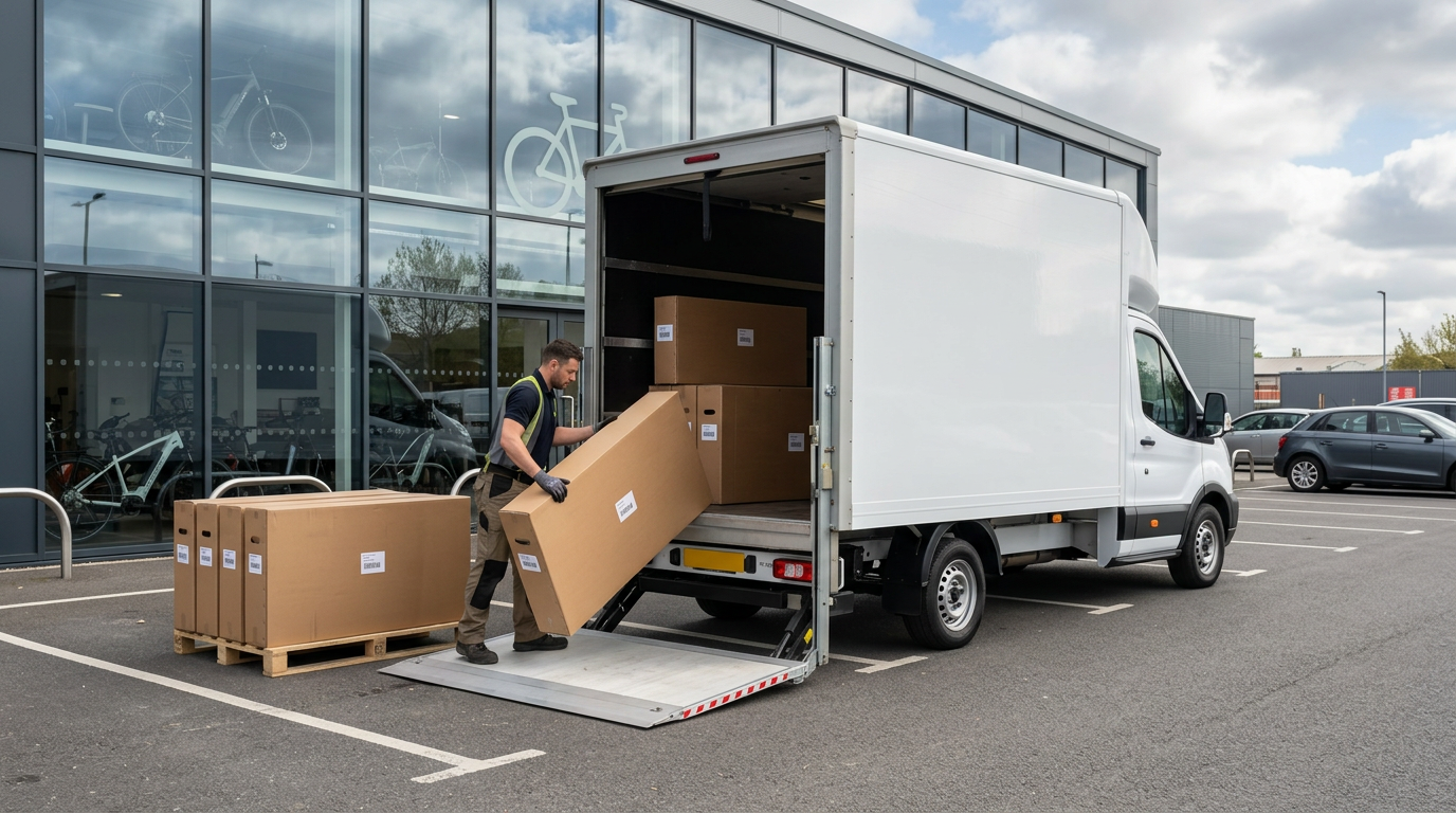 Courier unloading boxed e-bikes from a Luton van