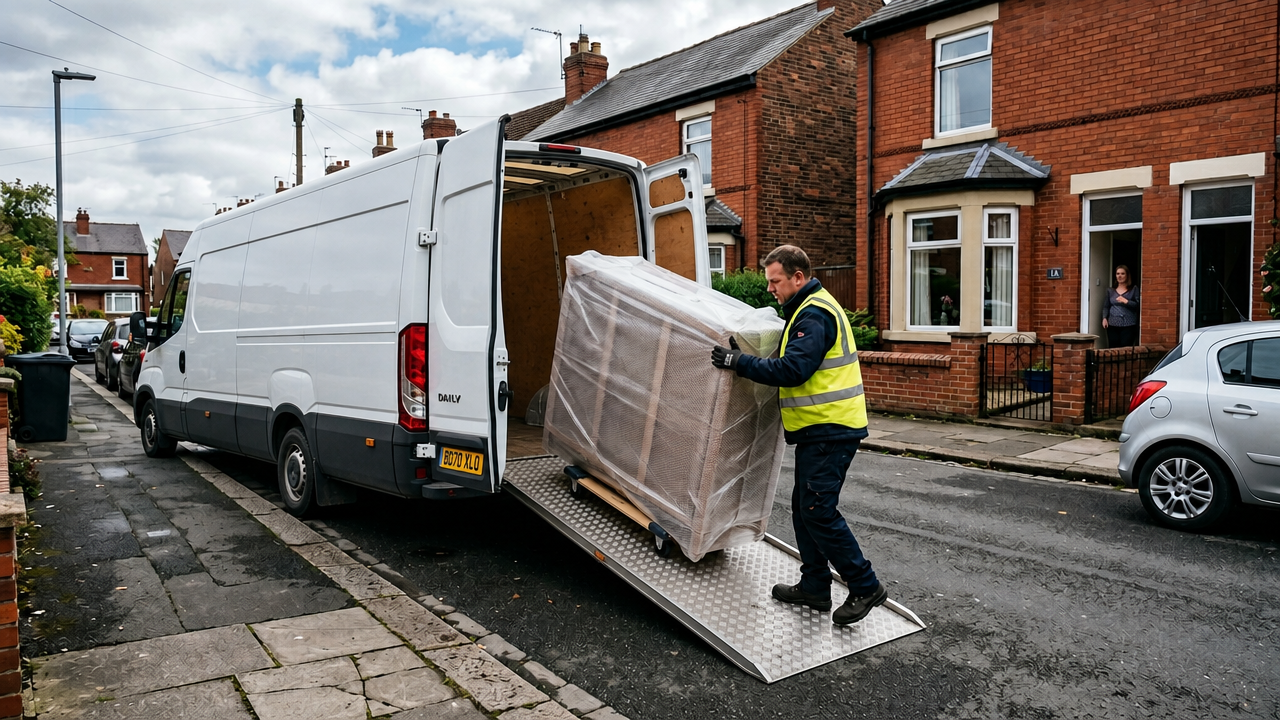 Courier unloading furniture from a van using a ramp and trolley