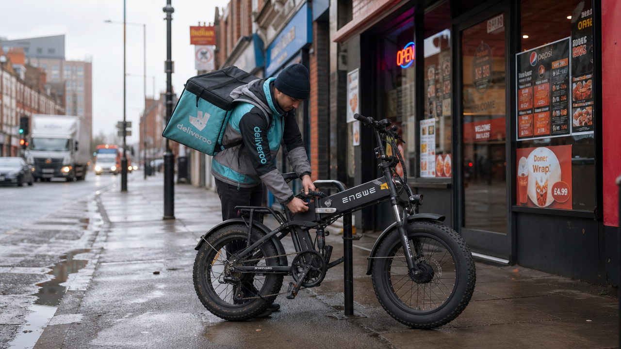 Delivery rider locking an e-bike outside a takeaway