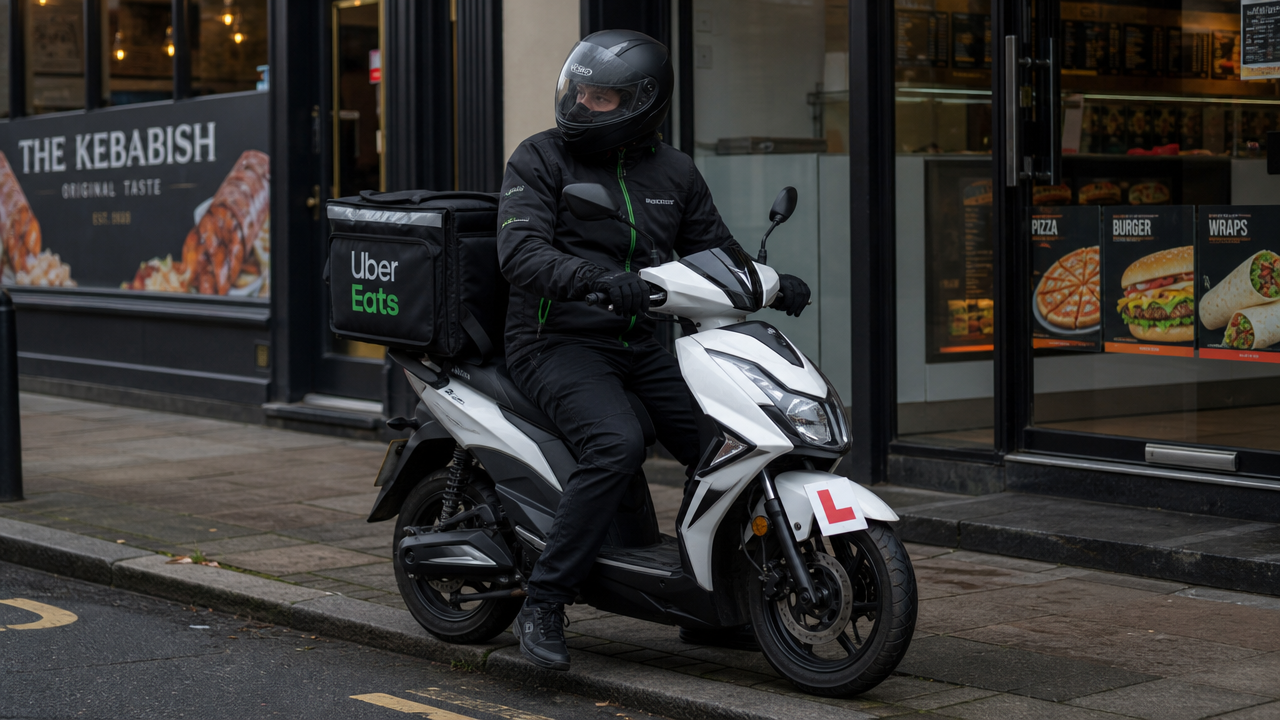 Delivery rider on a 125cc scooter outside a takeaway