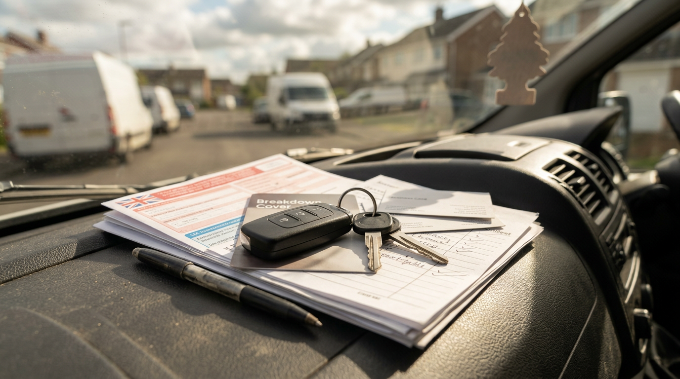 Insurance documents and van keys on a dashboard