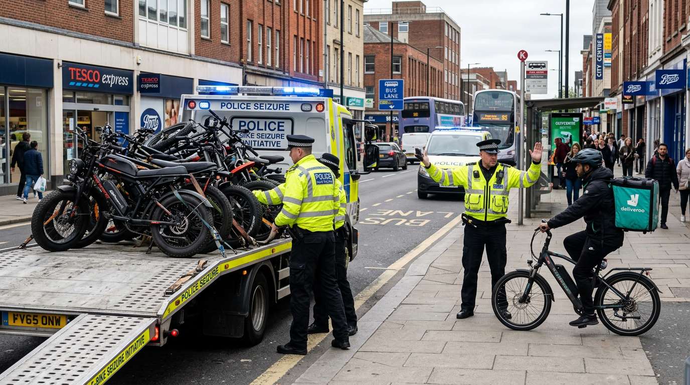 Police loading seized illegal e-bikes onto a flatbed truck