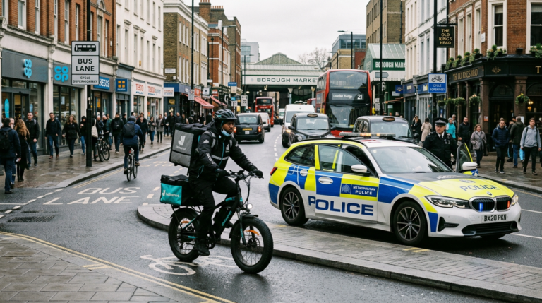 A policeman about to stop a delivery rider on an e-bike - is it worth using an illegal e-bike for delivery